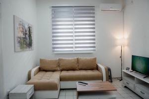 a living room with a couch and a television at Studio Petrovac B in Petrovac na Mlavi
