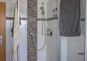 a shower with a glass door in a bathroom at Firmen-Familien-Villa in Heiligengrabe