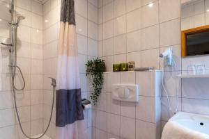La salle de bains est pourvue d'un rideau de douche et d'un lavabo. dans l'établissement Groepshuis Waldfrieden, à Medebach
