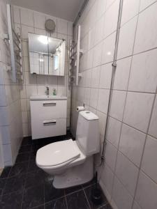 een witte badkamer met een toilet en een wastafel bij Västervik rum & Stugor in Västervik