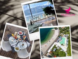 a collage of photos of a table with food and the ocean at Ambienthotel PrimaLuna in Malcesine