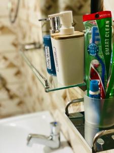 a bathroom counter with a sink and a toothbrush holder at SEBASTIAN TRANSIT KATUNAYAKE in Katunayake