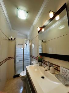 a bathroom with a sink and a toilet and a mirror at CASA VIVA in Santa Cruz de la Palma