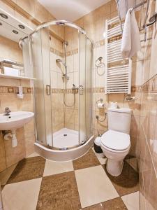 y baño con ducha, aseo y lavamanos. en Restauracja Hotel Przystan, en Lublin