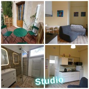 a collage of photos of a room with a kitchen and a living room at La maison de Dannie in Gardanne