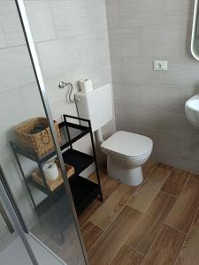 uma casa de banho com um WC, um lavatório e um chuveiro em Affittacamere La Loggia em Venzone