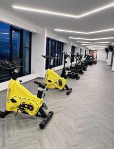 - une salle de sport avec une rangée de vélos d'exercice et de tapis de course dans l'établissement Blissful_Homestay2, à Ipoh