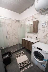 La salle de bains est pourvue d'un lave-linge et d'un lavabo. dans l'établissement Kolonaki modern flat 1 bedroom 2 pers by MPS, à Athènes