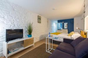 uma sala de estar com um sofá e uma televisão em roomPEDRA apartamentos turísticos em Santiago de Compostela