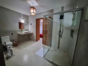 y baño con ducha acristalada y lavamanos. en Pousada Casa de Sapê, en Arraial d'Ajuda