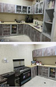 two pictures of a kitchen with a stove in it at شقة بجوار مسجد قباء in Al Madinah