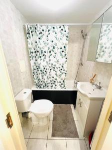 a bathroom with a toilet and a shower curtain at Excellent Two Bedroom Flat In Central London in London