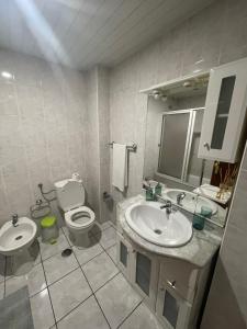 La salle de bains est pourvue d'un lavabo, de toilettes et d'un miroir. dans l'établissement Picadeiro A, à Bragance