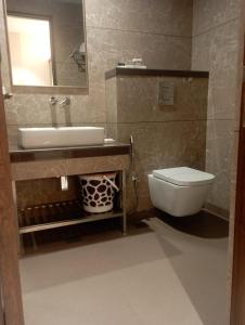 ein Badezimmer mit einem Waschbecken, einem WC und einem Spiegel in der Unterkunft PUSHPAK HOTEL & CONVENTION in Bhubaneshwar