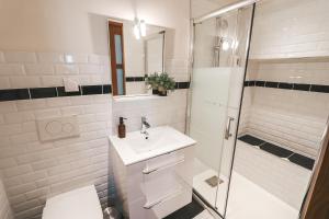 La salle de bains blanche est pourvue d'un lavabo et d'une douche. dans l'établissement Suit'Home Commerce, à Angers