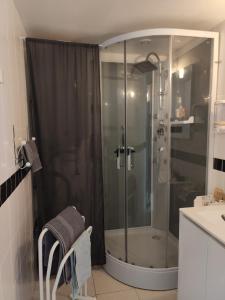 ein Bad mit einer Dusche mit einer Duschkabine aus Glas in der Unterkunft Maison indépendante parfaite pour tous voyageurs. in Le Landreau