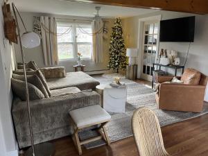 a living room with a couch and a christmas tree at Berkshire Valley Inn in Williamstown