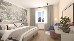 Un dormitorio blanco con una cama grande y una ventana en Boutiquehotel Drei Ringe en Schwörstadt