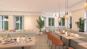 a rendering of a restaurant with tables and chairs at Boutiquehotel Drei Ringe in Schwörstadt