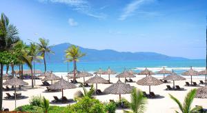 Ein Haufen Strohschirme am Strand mit dem Ozean in der Unterkunft Azura Hotel in Nha Trang