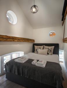 um quarto com uma cama com duas toalhas em Ruby Red House em Sófia
