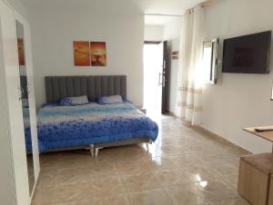 a bedroom with a bed and a flat screen tv at Le petit Mimosa - City Center in Tataouine