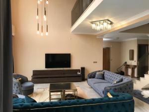 sala de estar con sofás y TV de pantalla plana. en DSF Villas & SPA A16, en Kırkpınar
