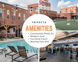 a collage of photos of a courtyard with chairs and a pool at 100 Year Old Historic Brick 2BR Loft Large Patio1 in Durham