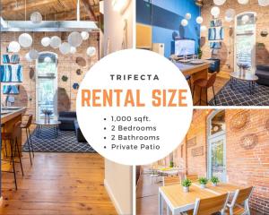 a collage of photos of a restaurant with tables and chairs at 100 Year Old Historic Brick 2BR Loft Large Patio1 in Durham