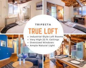 a collage of photos of a living room and a true loft at 100 Year Old Historic Brick 2BR Loft Large Patio1 in Durham