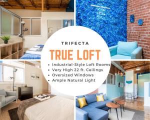 un collage di quattro foto di una camera d'albergo di 100 Year Old Historic Brick 2BR Loft High Ceiling3 a Durham