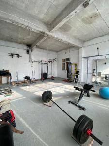 un gimnasio con pesas y pesas en una habitación en Ground floor apartment with gym & yard in Paggaio en Próti