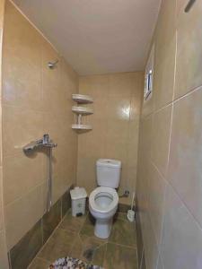 a small bathroom with a toilet and a shower at Ground floor apartment with gym & yard in Paggaio in Próti