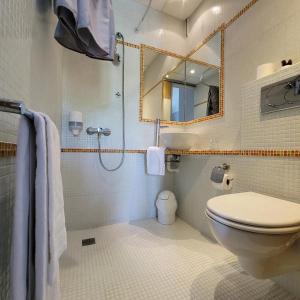 La salle de bains est pourvue de toilettes et d'une douche avec un miroir. dans l'établissement Hotel Bar Tabac Point Chaud L'Ecureuil, à Saint-Paul-en-Born