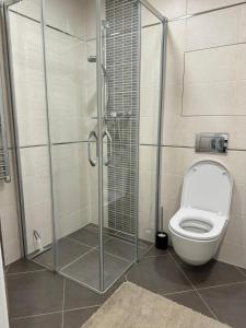 La salle de bains est pourvue d'une cabine de douche et de toilettes. dans l'établissement O2 Arena Holliday suites, à Prague