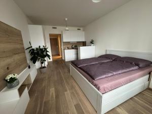 sypialnia z dużym łóżkiem i kuchnią w obiekcie O2 Arena Holliday suites w Pradze