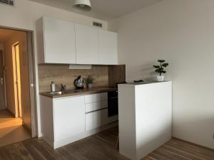- une cuisine avec des placards blancs et un évier dans l'établissement O2 Arena Holliday suites, à Prague