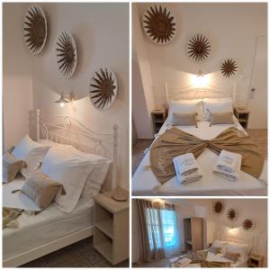 dwa zdjęcia sypialni z łóżkiem i lustrem w obiekcie Pension Hara w mieście Patitiri