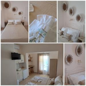 a collage of pictures of a room with a bed and a mirror at Pension Hara in Patitiri