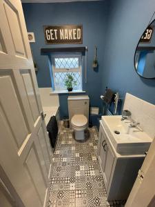 a blue bathroom with a toilet and a sink at Bronte Bungalow - In Beautiful Bronte Country! in Oxenhope