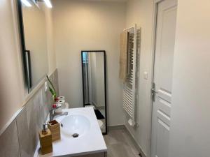 een witte badkamer met een wastafel en een spiegel bij Cocon au calme en hyper centre in Château-Renault