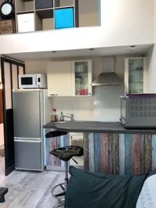 a kitchen with a counter and a refrigerator at Studio La lanterne avec Jardin in Sainte-Geneviève-des-Bois