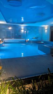 ein großer Pool mit blauer Beleuchtung in einem Gebäude in der Unterkunft Apartament&SPA Lis&Las in Sobótka