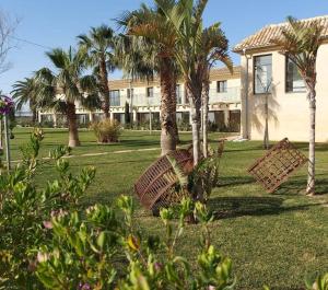 un patio con palmeras y un edificio en Hotel El Teular en Sueca