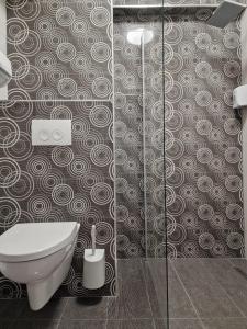 a bathroom with a toilet and a glass shower at Vila Blue Lagoon in Eforie Nord