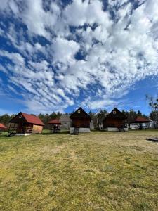 eine Gruppe von Gebäuden auf einem Feld mit wolkigem Himmel in der Unterkunft Siedlik Agroturystyka - spokojne miejsce dla Ciebie i Twojej rodziny in Lidzbark