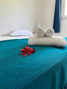 een bed met handdoeken en een rode bloem erop bij Villa Karo Coco in Saint-Leu