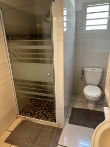 een kleine badkamer met een toilet en een douche bij Villa Karo Coco in Saint-Leu