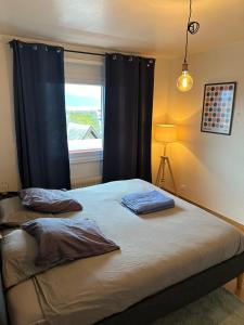 a bedroom with a large bed with a window at Appartement vue lac Montreux in Montreux