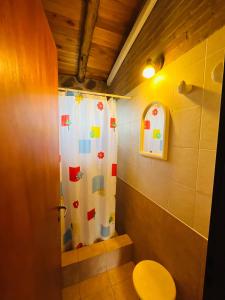 y baño con cortina de ducha y aseo. en Al Encuentro Casas de Montaña en Nono